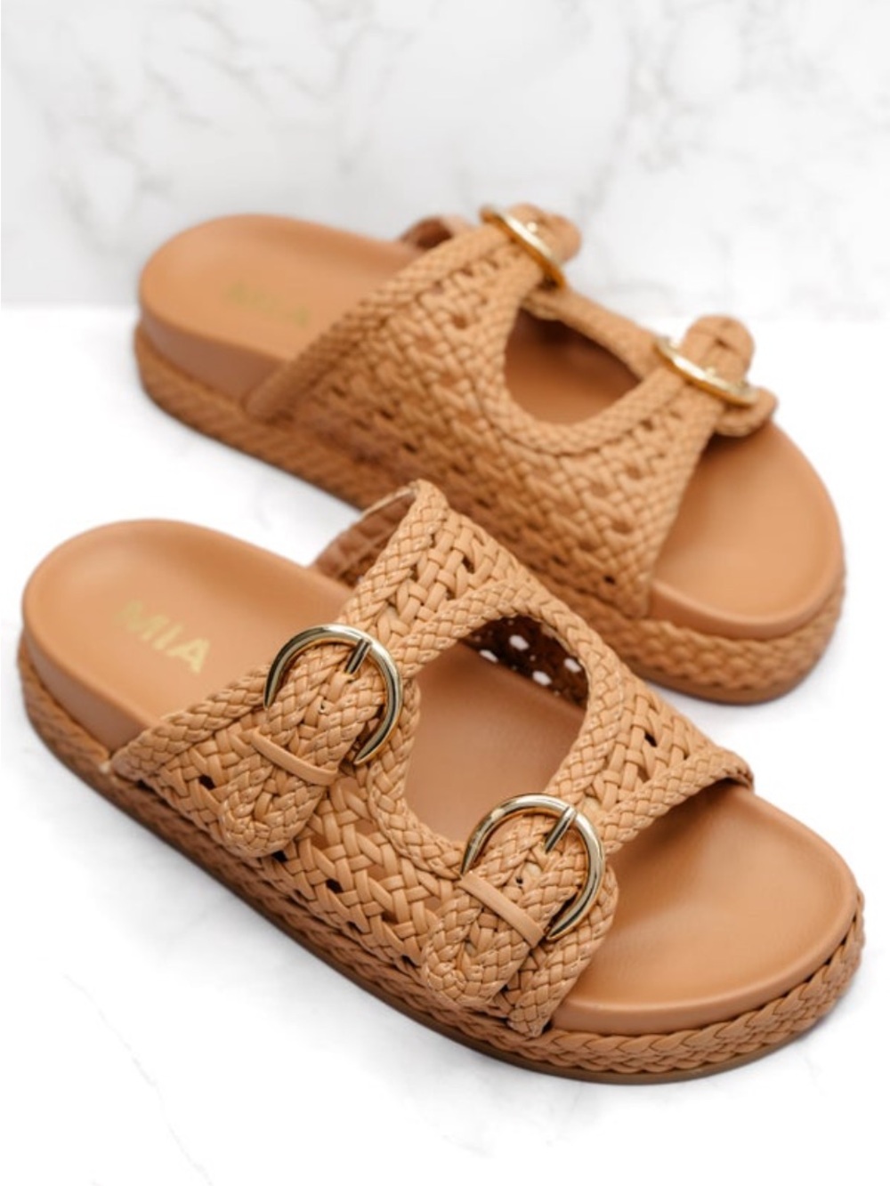 MIA Vegan Leather Braided Tan Slide Sandals with Gold Buckles- NIB